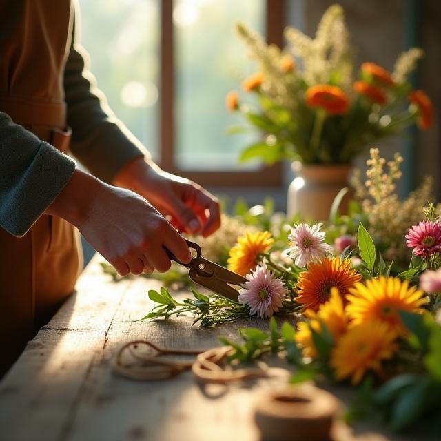 Artisanal floral workshop setup with vintage tools
