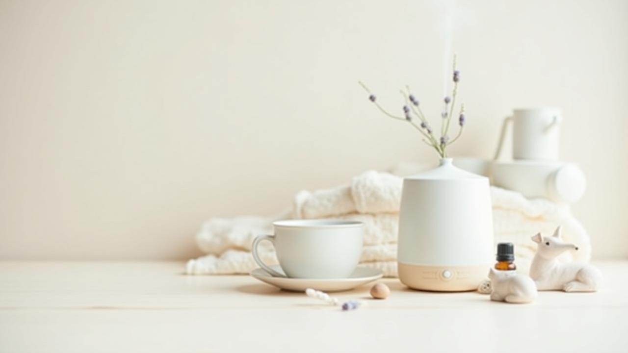 A beautifully arranged collection of wellness products: a soft weighted blanket, a calming herbal tea set, essential oil diffuser with gentle mist, and a small, elegant ceramic animal figurine, all on a light wooden surface.