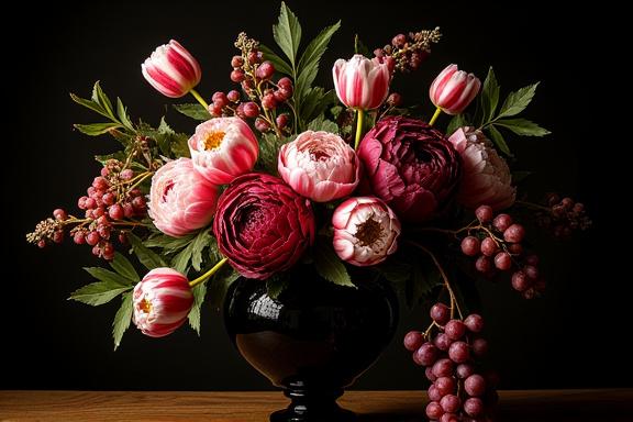 Moody Dutch still life floral arrangement with tulips and grapes